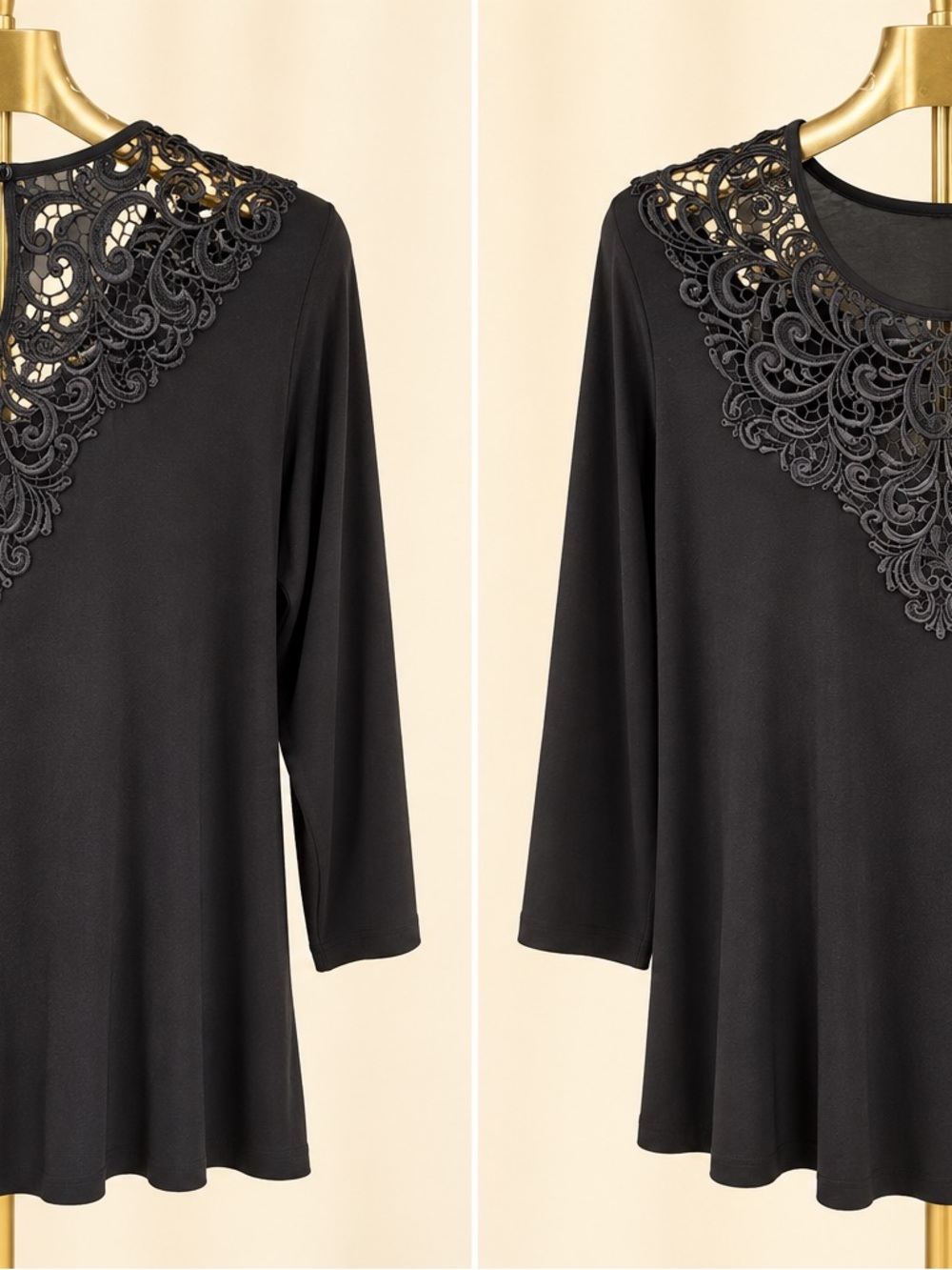 Arianne Black Long-Sleeve top with Lace Appliqué
